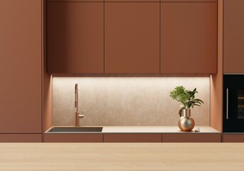 Minimal Contemporary Warm tones Terracotta  kitchen background for product display. Rose gold sink details. Elegant trendy kitchen. 3d rendering.