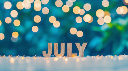 July typography written with wooden letter - new month concept background. 