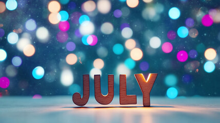 July typography written with wooden letter - new month concept background. 