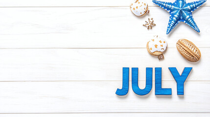 July typography written with wooden letter - new month concept background. 