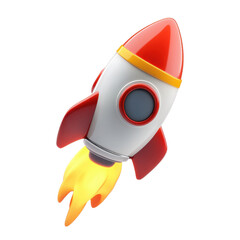 A colorful cartoon rocket soaring upwards with flames, symbolizing adventure, exploration, and creativity in a playful design., isolated on a transparent background.