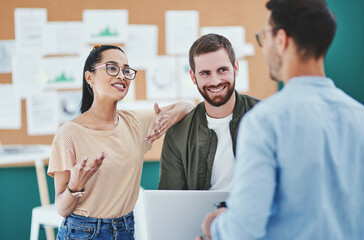 Talking, teamwork and smile in office, people and planning for project, laptop and creative for...