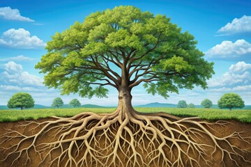 Tubular oak tree roots sprout fleshy root hairs, absorbing water and nutrients, while lateral roots branch out, anchoring the plant and expanding its reach.