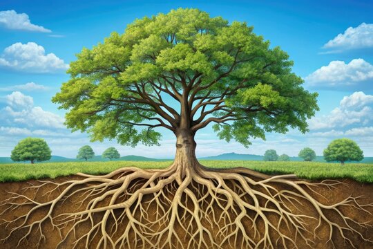 Tubular oak tree roots sprout fleshy root hairs, absorbing water and nutrients, while lateral roots branch out, anchoring the plant and expanding its reach.
