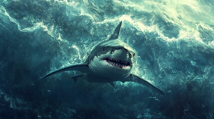 a painting of a shark in the ocean 