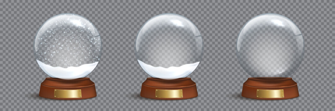 Snow globes template vector set. Empty glass snowballs with snow and snowflakes on wood base with empty space for lettering. Christmas and New Year design elements on transparent background.