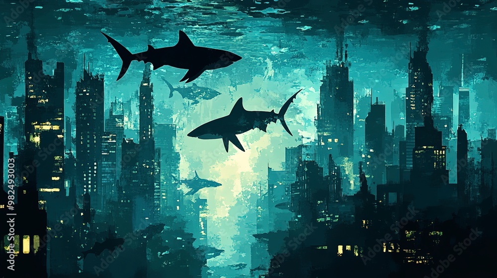 Canvas Prints Underwater Cityscape with Silhouetted Sharks