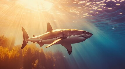 A majestic great white shark swims through a sunlit ocean, casting a long shadow on the reef below. 