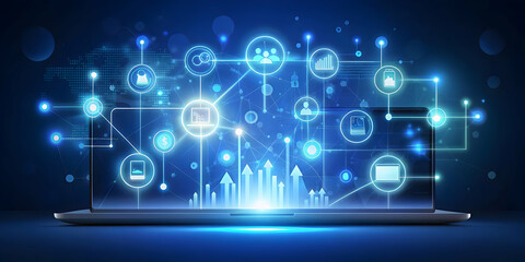 Flat Glowing Business Abstract with Floating Icons - Dynamic Digital Art Design for Promotions, Retail Ads & Marketing Campaigns