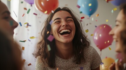 Fototapeta premium Diverse Group of Young Women Celebrating with Balloons and Confetti