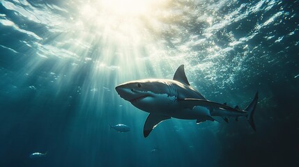 Fototapeta premium A great white shark swims through the ocean, sunlight shining through the water, with other fish in the background.