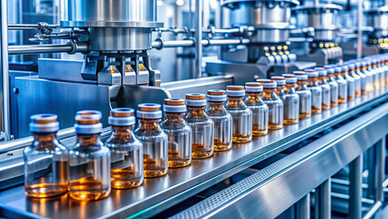 Modern pharmaceutical factory's high-tech production line manufactures vaccines in sterile glass vials, ensuring consistent drug supply for global healthcare, utilizing advanced machinery equipment.