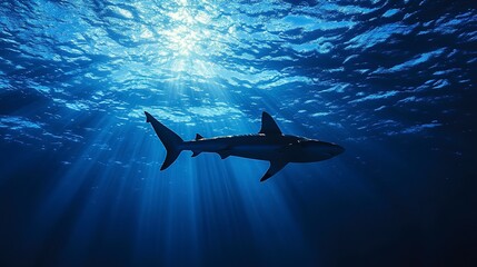 Fototapeta premium A solitary shark glides gracefully through the sunlit depths of the ocean, its silhouette casting a long shadow on the blue water.