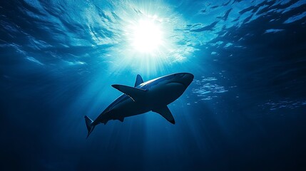 Fototapeta premium A solitary shark glides gracefully through the sunlit depths of the ocean, its silhouette casting a long shadow on the blue water. 