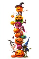 Fototapeta premium Stack of Jack-o'-Lantern Pumpkins with Halloween Characters