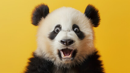 Fototapeta premium A surprised panda with wide, expressive eyes stands out against a minimalist backdrop, exuding a mix of cuteness and humor.