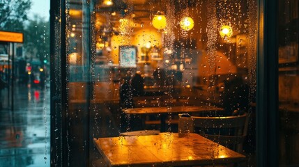 Rainy Night Cafe Through Window