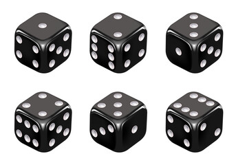 Black dice with white dots. Vector set isolated on white background. 3d dice.