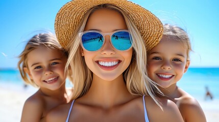 A stunning photorealistic beach vacation outing with a mother and her children smiling