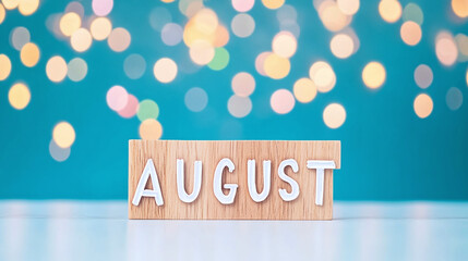 August typography written with wooden letter - new month bokeh background. 