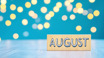 August typography written with wooden letter - new month bokeh background. 