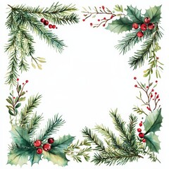 Watercolor Christmas greenery frame with white background