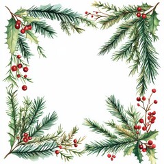 Watercolor Christmas greenery frame with white background