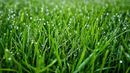 Close-up of Dew-Covered Green Grass Blades