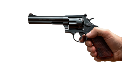 A hand holding a pistol against a white background, symbolizing danger and crime