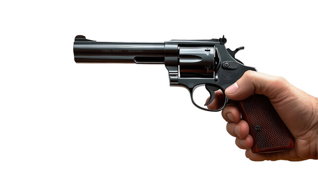 A hand holding a pistol against a white background, symbolizing danger and crime