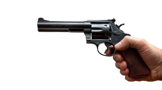 A hand holding a pistol against a white background, symbolizing danger and crime