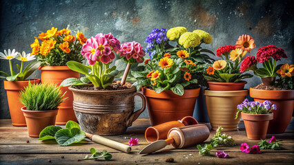 Vibrant flowers in terracotta pots sit neatly on a gray floor, accompanied by a collection of rusty gardening tools and a hint of natural light.
