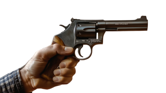 A hand holding a pistol against a white background, symbolizing danger and crime