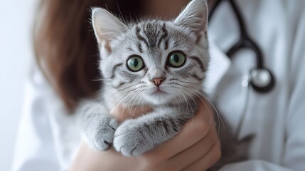 An American Shorthair cat with a silver tabby pattern is gently held by a veterinarian in a clean studio, showcasing the cat’s soft fur and professional care under soft, high-key lighting.