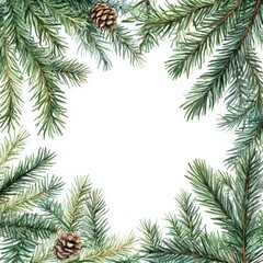 Watercolor Christmas greenery frame with white background