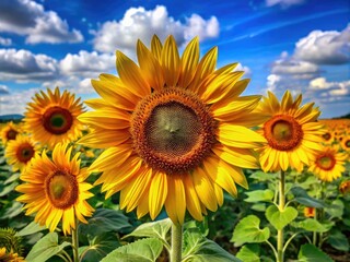 Obraz premium Vibrant sunflowers with golden petals and brown centers bud and bloom in a field under a sunny sky.