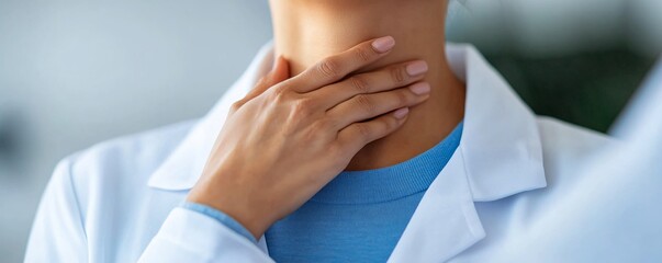 Fototapeta premium Close-up of a doctor’s hand feeling a patient’s neck for thyroid swelling, thyroid exam, health screening.