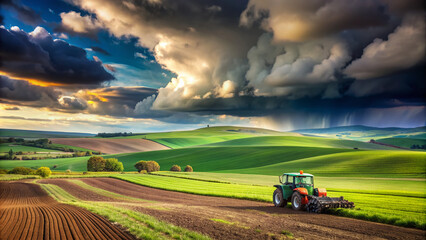 Rural landscape featuring a lone tractor cultivating fertile soil in a vast green field under a dramatic cloudy sky with rolling hills in the distance.