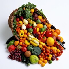 Cornucopia filled with autumn harvest fruits and vegetables, placed on a white background,  no blur, photo not dark, everything is clear, copy space