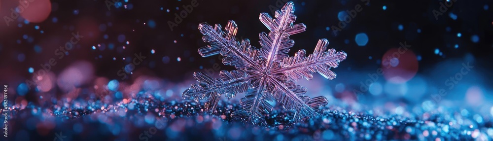 Poster a stunning close-up of a snowflake resting on shimmering surface, capturing winter's beauty in vivid