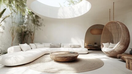 Coastal minimalist living space with whitewashed walls, circular skylight, and airy atmosphere. Focus on organic textures and soft natural light. Wide-angle view for serene ambiance.
