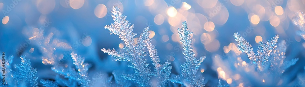 Poster a close-up view of delicate frost crystals shimmering in soft blue tones, creating a magical winter 