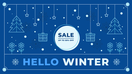 A winter sale background with snow, trees, flowers, snowflakes, and gifts. Line vector illustration.
