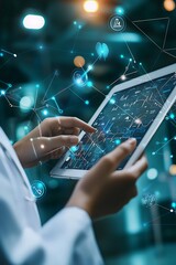 Healthcare worker examines tablet with medical network icons.