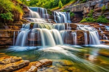 Obraz premium Water flows smoothly, then abruptly plunges over rugged rock facings, creating a foamy, churning pool at the base of the thunderous waterfall.