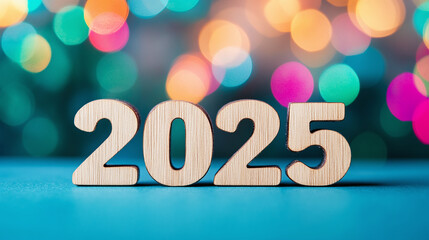 2025 new year typography written with wooden letter - new year bokeh background. 