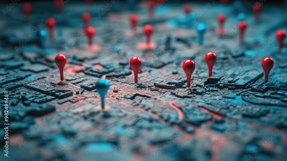 Poster map featuring red and blue pinpoints, emphasizing geographic data and analysis, suited for visualizi
