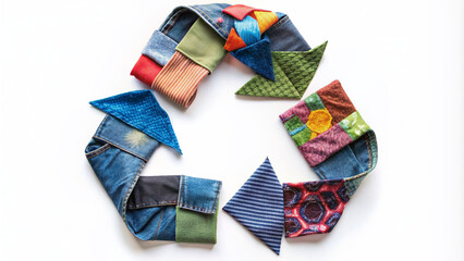 A recycle symbol made from repurposed clothing items like old t-shirts, jeans, and fabric scraps promotes sustainable fashion and conscious consumption practices.
