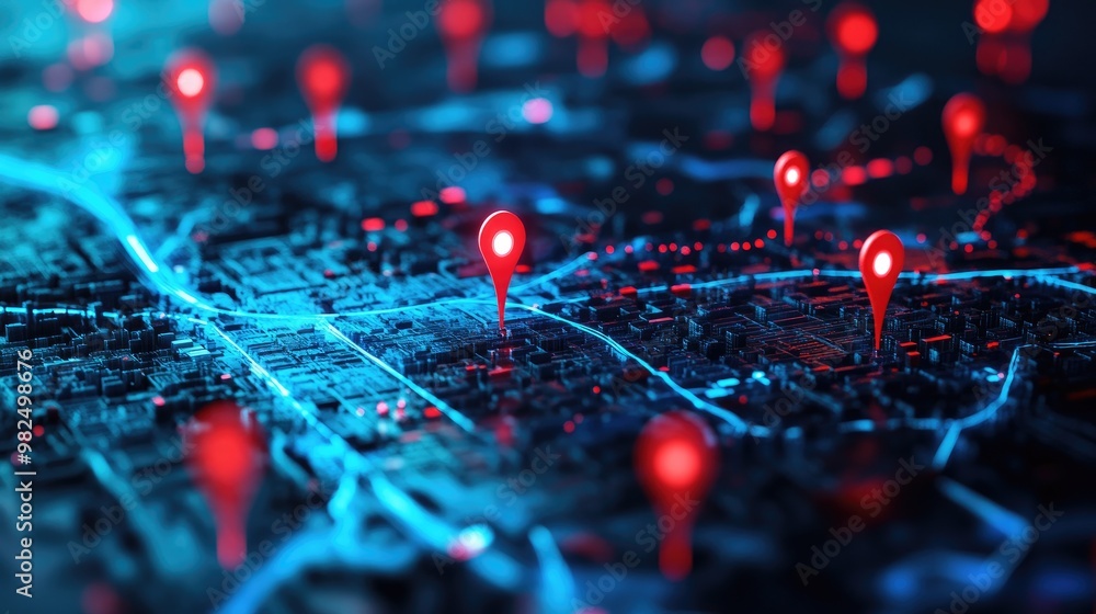 Poster map featuring red and blue pinpoints, emphasizing geographic data and analysis, suited for visualizi