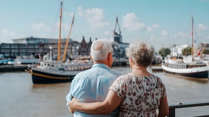 Fototapeta premium An elderly couple enjoys a peaceful moment by the water, surrounded by boats and a clear sky in a picturesque harbor setting.